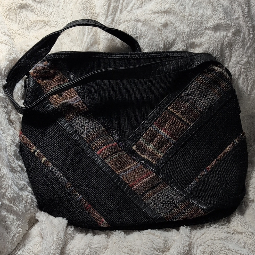 Vintage Black Fabric Shoulder Bag With Accents
